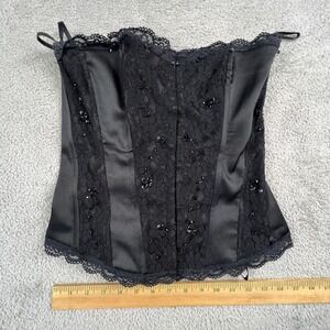 Corset Top Small Black Lace Beaded Satin Goth Burlesque Lingerie Y2K Forbidden